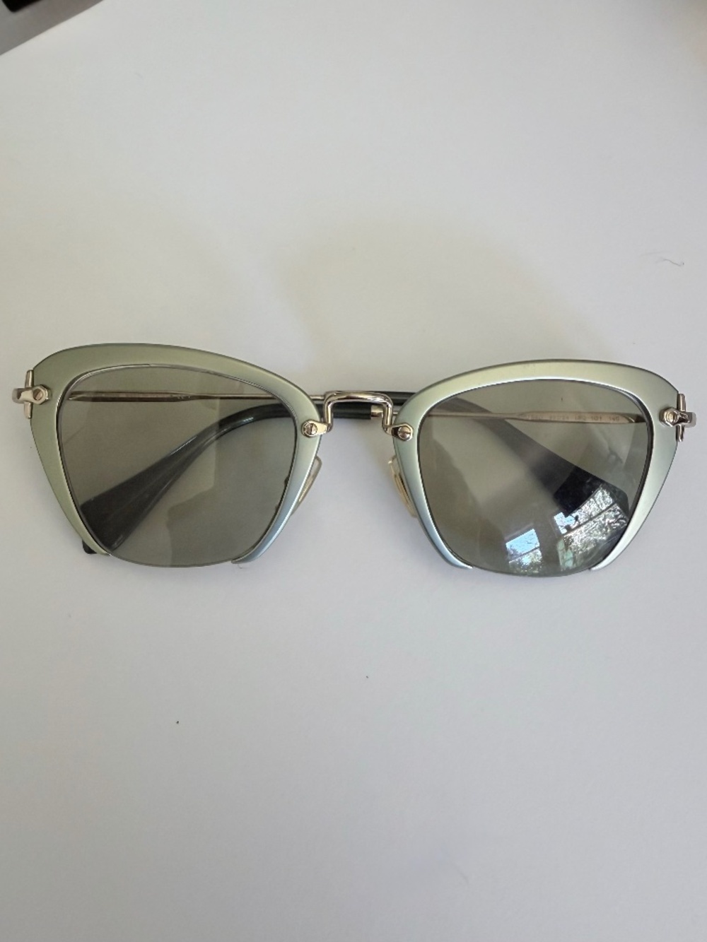 Miu Miu Sage Green Cats Eye Metal Frame Glasses Gold Hardware Modern Lightweight